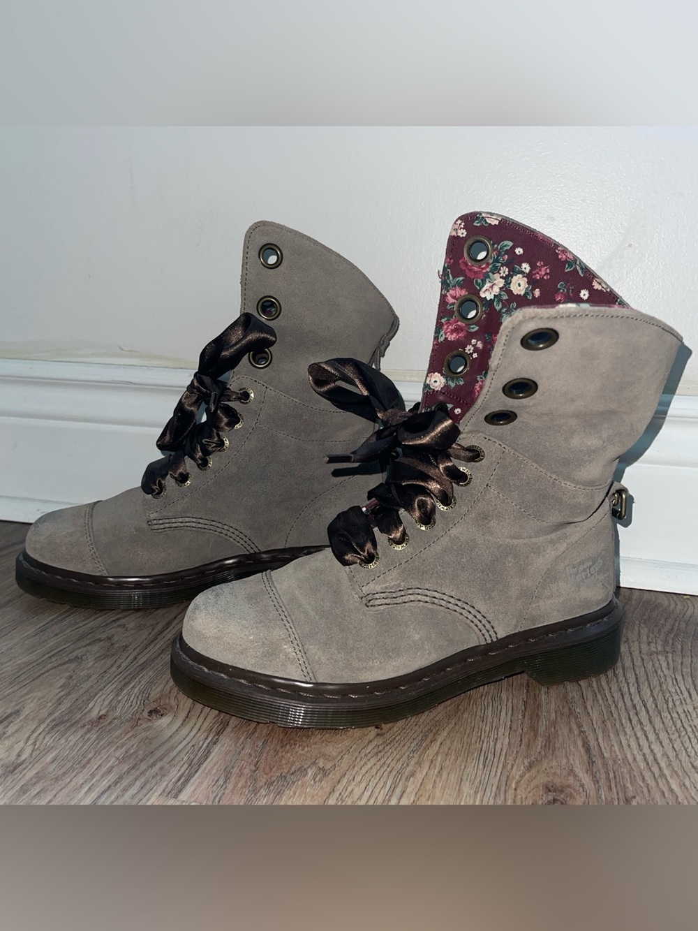 Dr. Martens Gray Taupe Suede Foldable Combat Boots with Floral Canvas Lining